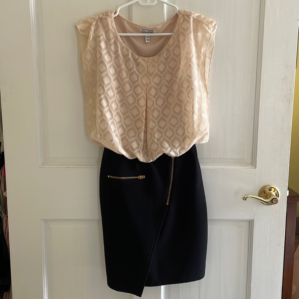 Classy/ business casual mini tank dress with sheer overlay.